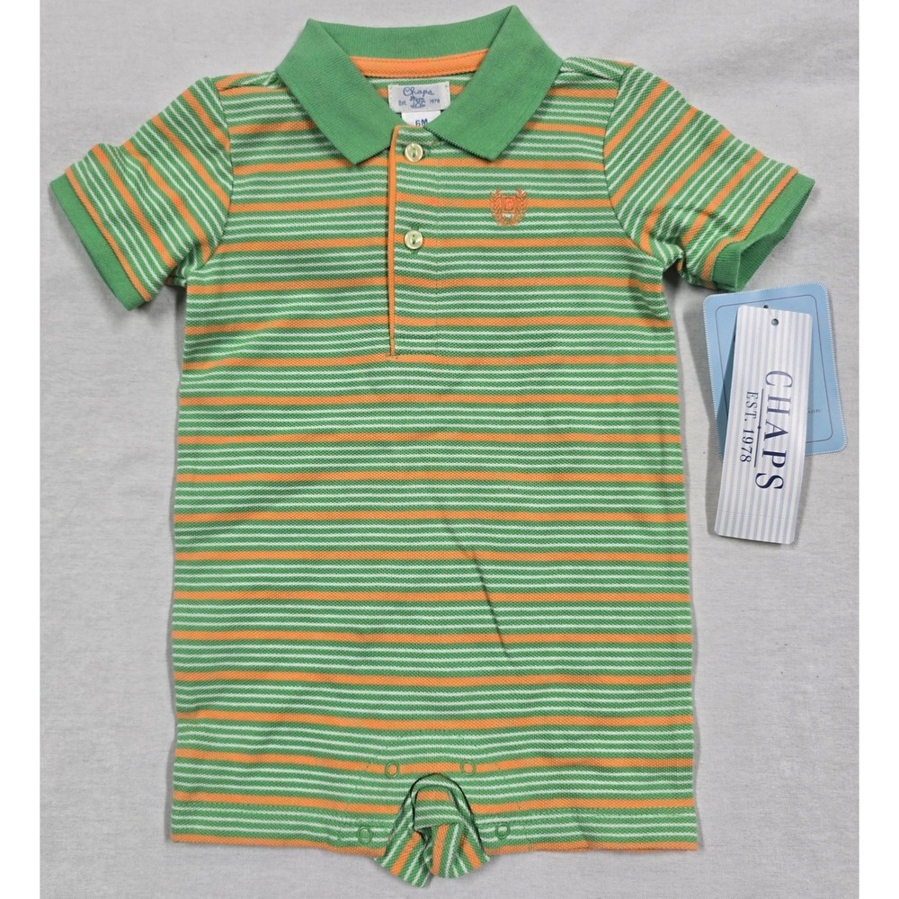 Chaps Baby Boy Green Orange Striped Polo Romper One Piece 6M NWT VTG Y2K